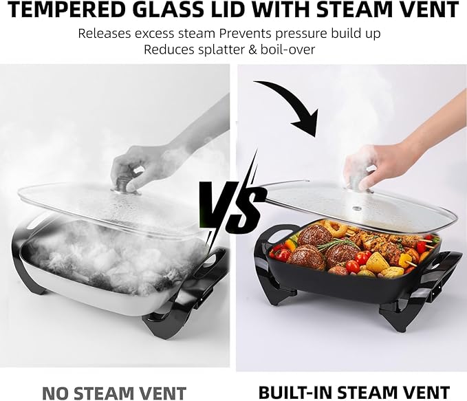 12" Ceramic Nonstick Electric Skillet with Tempered Vented Glass Lid, Scratch-Resistant Surface, Cool-Touch Handles, Removable Easy-to-Clean Design, 1200W, Sleek Black