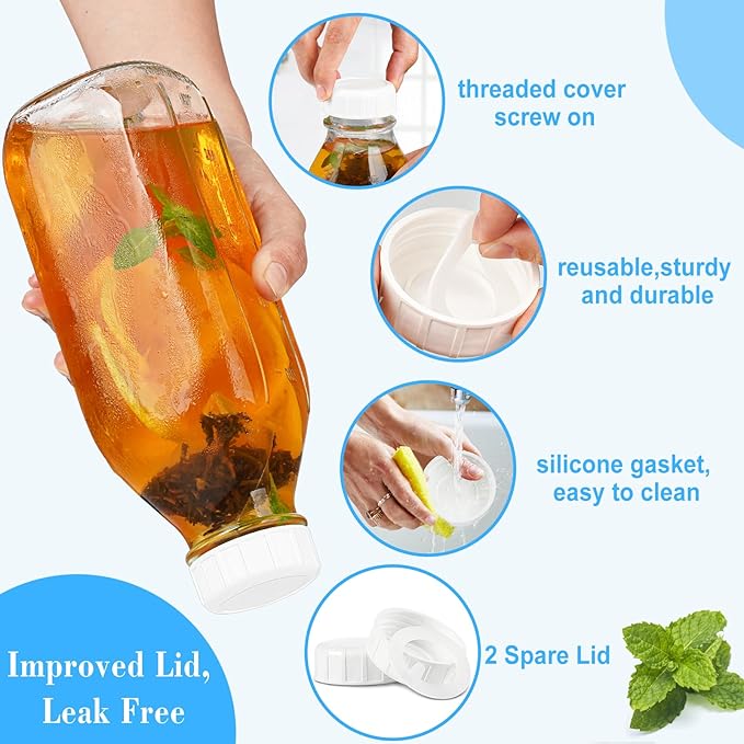 4 Pack 1 Liter Glass Milk Bottles w Scale, 100% Airtight Heavy Duty Screw Lid - 32 Oz Drinking Jars w 2 Pour Spouts - Glass Bottles for Milk, Honey, Jam, Creamer - Dishwasher Safe(Extra 2 Lids)