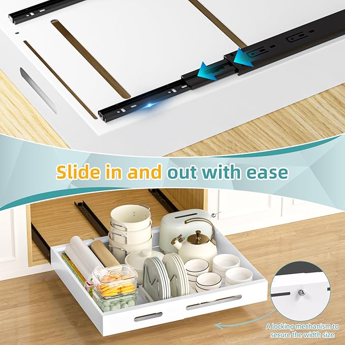 HBL' 2 Pack | 21" Deep Pull Out Cabinet Organizer Adhesive, (13.8" to 22.0") Width Expandable Sturdy Carbon Steel Roll-Out Drawers for Face Frame or Frameless Cabinets,Slide-Out Shelves for Pantry.