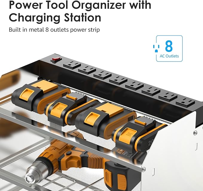 CCCEI Modular Power Tool Organizer Wall Mount with Charging Station. Garage Drill Storage Shelf with Hooks, Heavy Duty Rack, Tool Battery Holder Built in 8 Outlet. Gift for Men. Silver, 1 Pack.