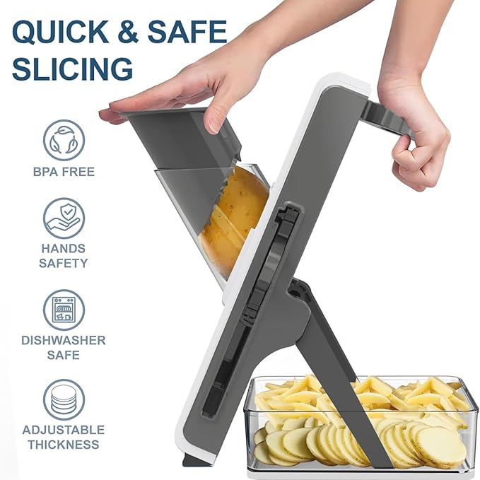 Mandoline Slicer Safe Multifunctional Dicer Adjustable Commercial Slicer Machine Stainless Steel Chopper (White Deep Grey)