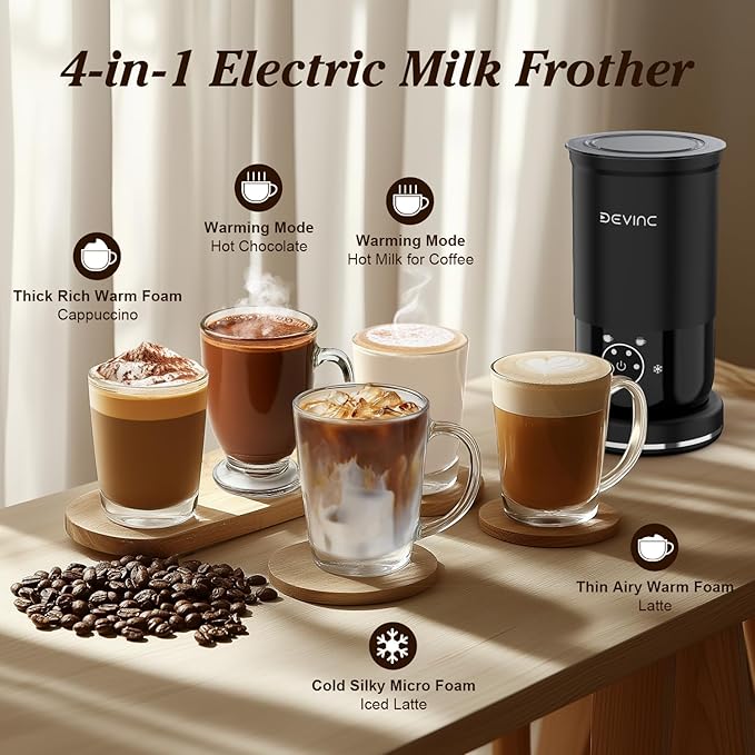 DEVINC Milk Frother, 4-in-1 Milk Frother and Steamer, Hot and Cold Foam Maker and Milk Warmer with Auto Shut-Off, Electric Frother for Coffee, Latte, Cappuccino, Matcha