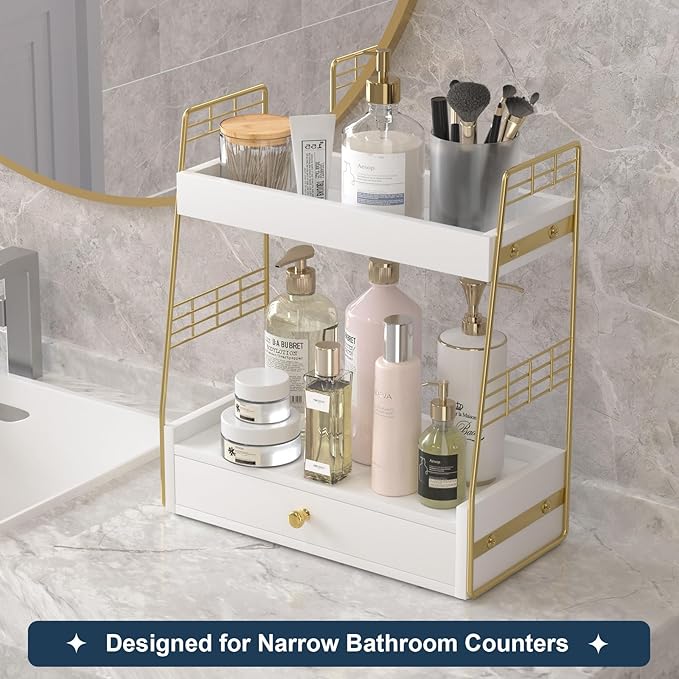 Bathroom Counter Organizer with Drawer, Slim 2-Tier Vanity Countertop Storage Shelf for Skincare, Toiletries & Small Essentials (White)