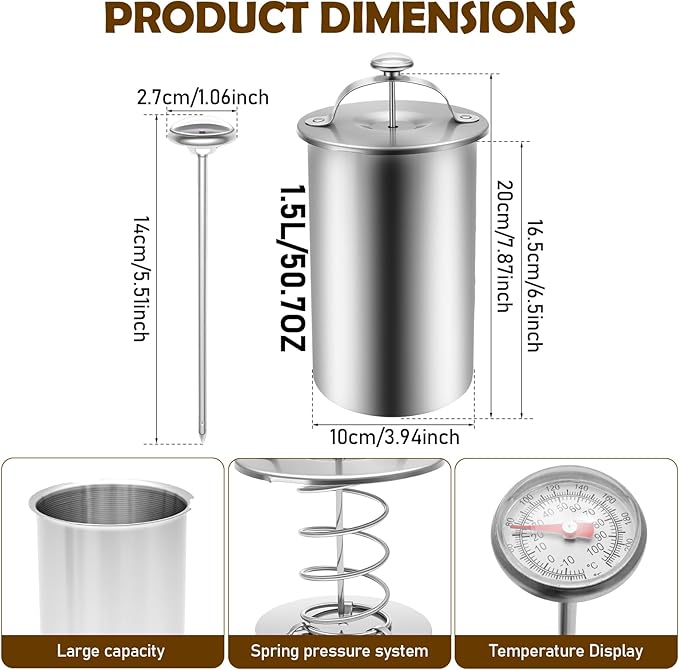Stainless Steel Meat Press with Thermometer, Ham Maker Cooker for Cold Cut, Spring Mechanism Meat Press Mold for Homemade Ham, Healthy Home Cooking Tool (Silver 2)