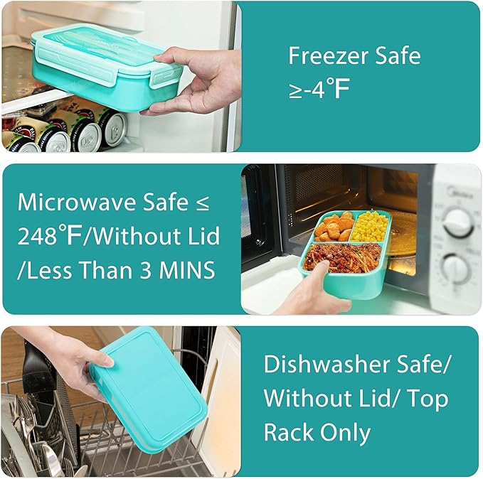 Caperci Classic Bento Box Adult Lunch Box for Older Kids - Leakpoof 47 oz 3-Compartment Lunch Containers for Adults and Teens, Built-in Utensil Set, Ideal for On-the-Go Balanced Eating, Aqua