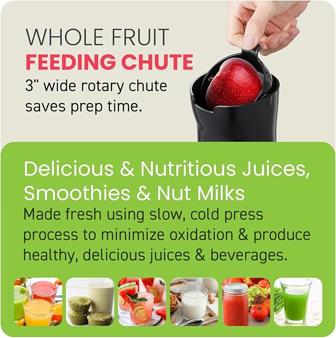 Elite Gourmet EJX017 Whole Fruit 3” Feeding Chute, Dynamic Masticating Slow Juicer, High Yield Cold Press Juice Extractor, Nutrient and Vitamin Dense, Easy to Clean, 27 oz Juice Cup, Black