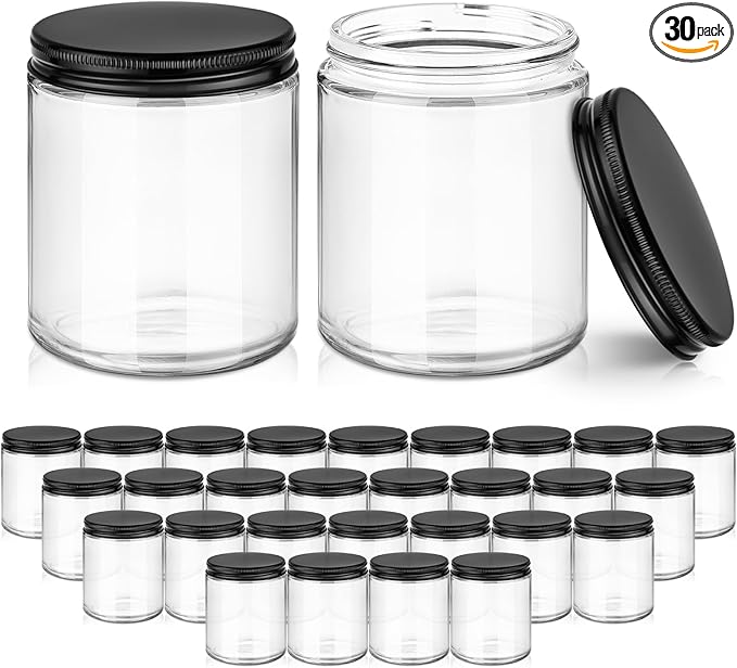 Tecohouse 8 oz Glass Jars with Lids, 30 Pack Candle Jars Canning Mason Jars with Lids, White Labels & Inner Liners, Empty Airtight Round Clear Slime Containers for Cream, Spice, Lotion, Ointments