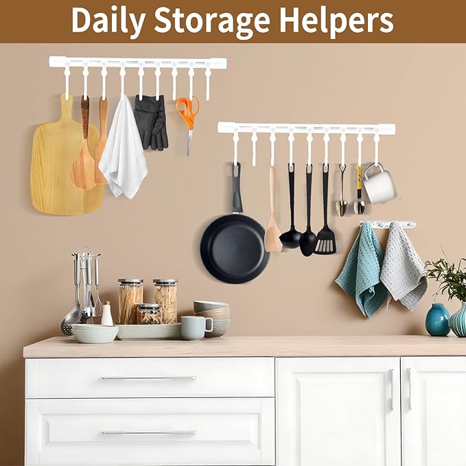 Kitchen Utensil Hanging Rrack - Hooks for Kitchen Utensils, No Drilling Wall Mounted Utensil Holder, Kitchen Rail Rack with 10 Hooks Hanger for Kitchen Bathroom (Pack of 2)