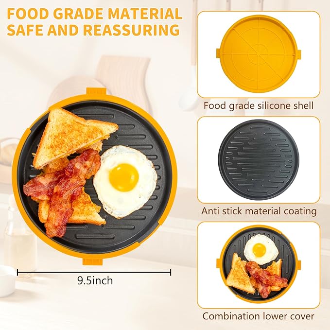 9.5" Microwave Grill Pan & Crisper Tray - 5-in-1 Nonstick Sandwich Maker, Pizza Pan & Bacon Cooker with lid,Dishwasher Safe Griddle for Grilled Cheese - College Dorm Room & Office Essentials