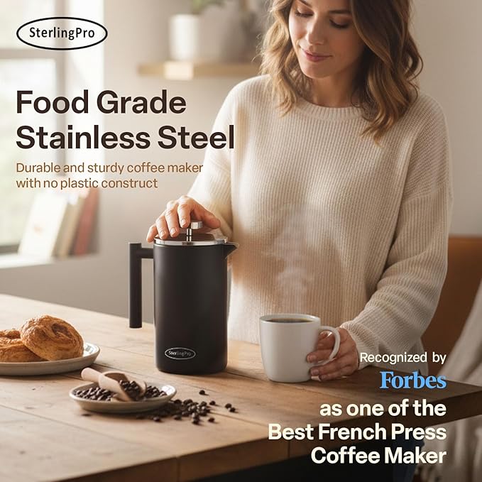 SterlingPro Stainless Steel French Press Coffee Maker 1.75 L (59 oz) Black – Double Walled Insulated Extra Large French Press, Durable Design Keeps Drinks Hot, Easy to Use and Clean for Rich Flavor