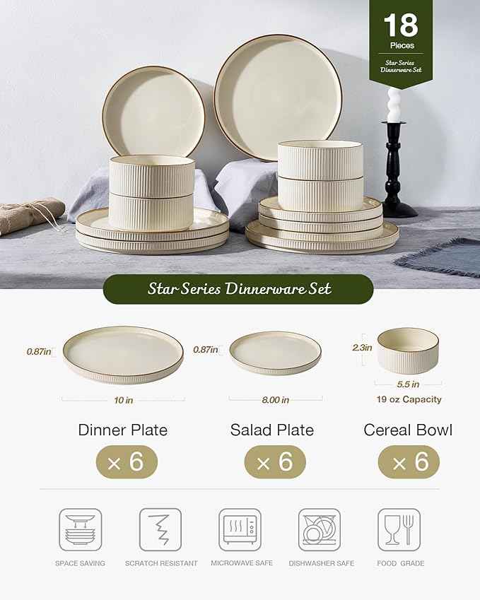 Famiware Star Dinnerware Set, Plates and Bowls Sets for 6 (18pcs), Ribbed Stoneware Dishes - Chip & Scratch Resistant, Microwave & Dishwasher Safe Kitchenware, Cream