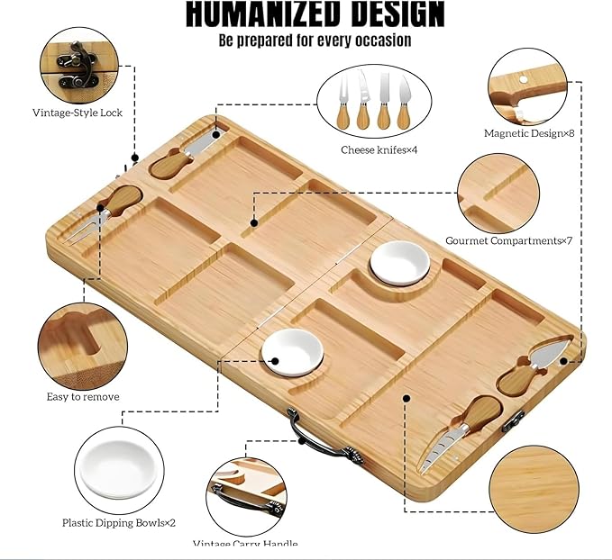 OUTMX Bamboo Cheese & Charcuterie Board Set, Large Foldable Cutting Board with Knife, Snack and Fruit Platter for Cheese, Bread, Butter – Perfect Wedding, Bridal Shower & Party Gift