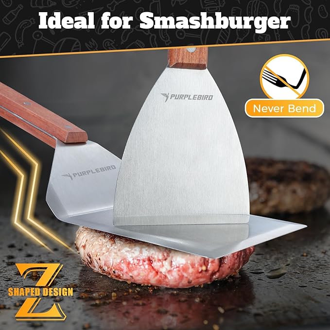 PURPLEBIRD Extra Large Grill Spatula Set Stainless Steel Smash Burger Spatula Kit, 5.5 x 5 inch BBQ Griddle Spatula and Grill Scraper, Griddle Tools, Grill Utensils for Dad