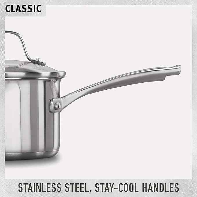 Calphalon Classic Stainless Steel Cookware Set, 10-Piece, Impact-Bonded Aluminum Base, Stay-Cool Handles, Oven Safe 450F, Silver