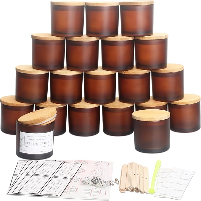 MILIVIXAY 20 Pack 4 OZ Frosted Amber Glass Candle Jars with Lids and Candle Making Kits - Bulk Small Empty Candle Jars for Making Candles - Spice, Powder Containers.