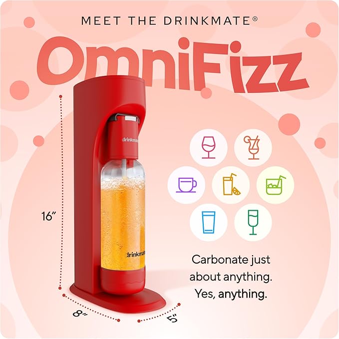 Drinkmate OmniFizz Sparkling Water Maker & Soda Streaming Machine | Carbonates Any Drink | BPA-Free Bottle | No Batteries or Electricity Required | CO2 Not Included (Royal Red)