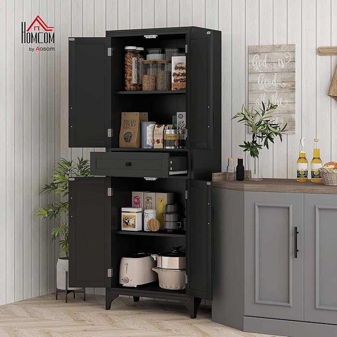 HOMCOM 67" Tall Freestanding Kitchen Pantry Cabinet, 4-Door Storage Cabinet with Drawer and Adjustable Shelves for Dining Room, Black