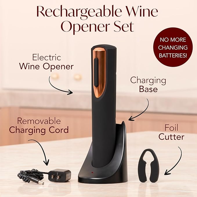 Rechargeable Electric Wine Opener + Battery Powered Electric Wine Opener Gift Bundle Set (Black & Rose Gold)