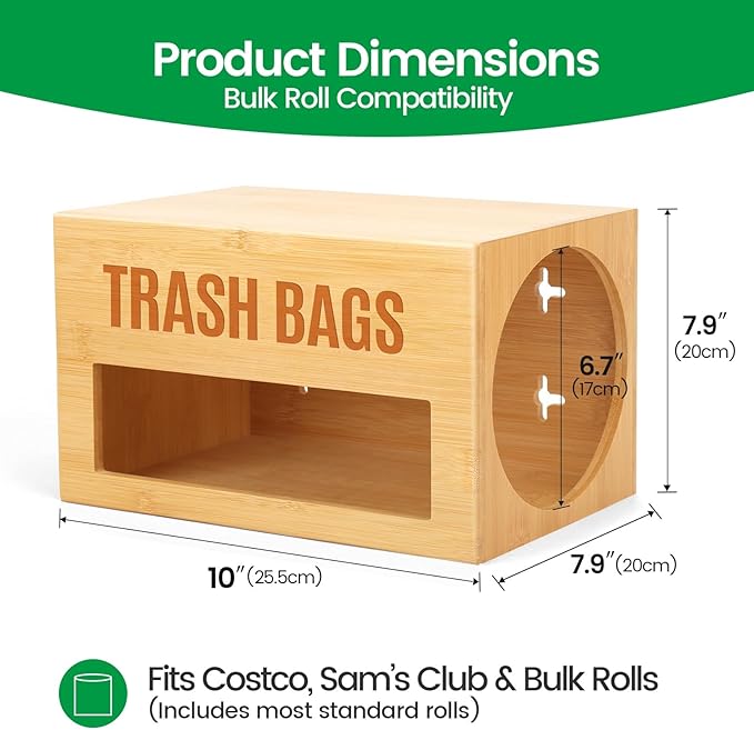 Extra-Large Top-Loading Garbage Bag Holder Dispenser, Bamboo Trash Bag Organizer for Costco-Sized 13-33 Gallon Jumbo Rolls, Under-Sink, Wall-Mounted Storage for Kitchen & Garage