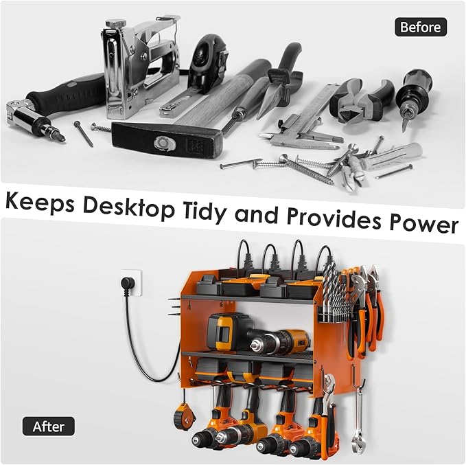 CCCEI Modular Power Tool Organizer Wall Mount with Charging Station. Garage Drill Storage Shelf with Hooks, Heavy Duty Rack, Tool Battery Holder Built in 8 Outlet. Gift for Men. Orange, 2 Pack.