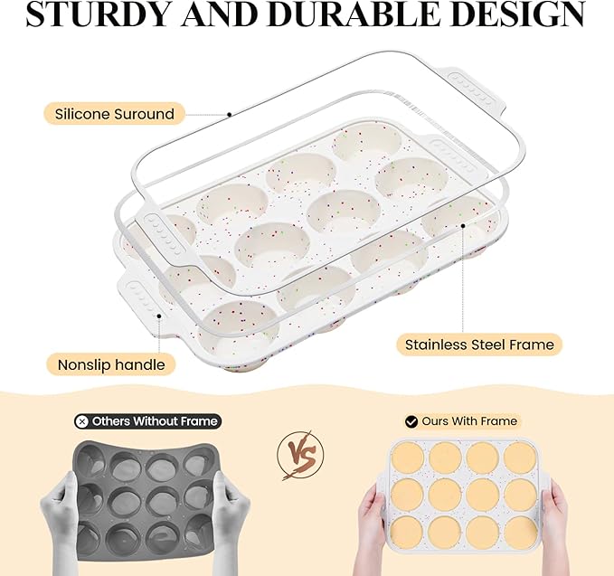 Vinino 2-Pack Silicone Muffin Pan for Baking with Metal Reinforced Frame, 12 Cups Regular Size Silicone Cupcake Pan with Non-Slip Handle, Nonstick Muffin Tray for Oven, BPA Free, Dishwasher Safe