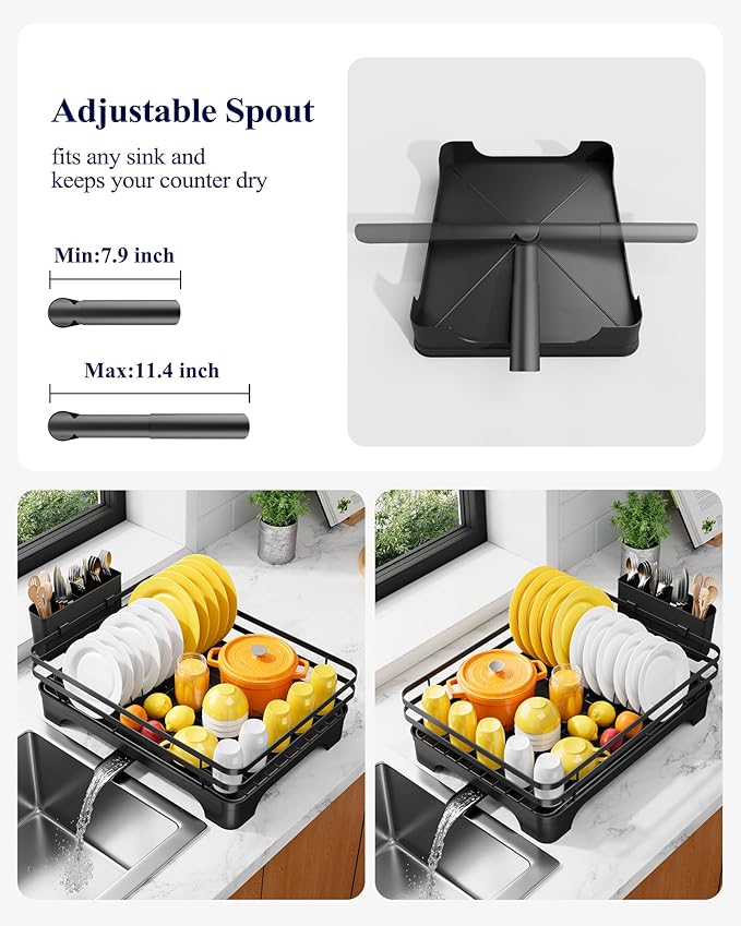 Kitsure Dish Drying Rack - Multi-Functional Dish Rack for Kitchen Counter with Cutlery Holder, Rust-Proof Storage Solution with Rotatable, 15.7" x 12.0" x 5.5", Black