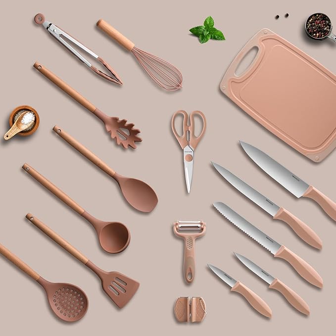 RAXCO Utensil Sets,18-Piece Silicone Cooking Utensils and Kitchen Accessories with Holder,Mousse