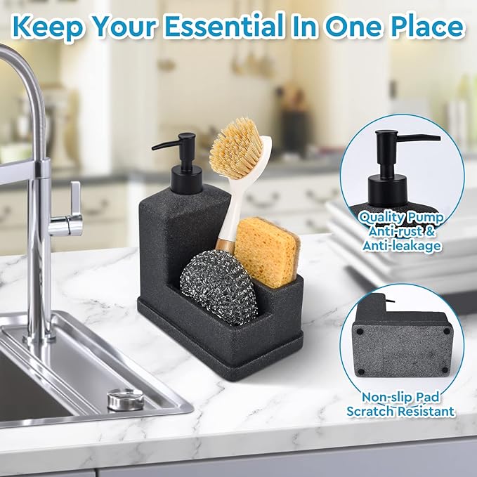 Dish Soap Dispenser with Sponge Holder,Liquid Hand and Dish Soap Dispenser and Spong Caddy with Brush Holder 3 in 1 Countertop Organizer for Kitchen Sink and Bathroom,Black