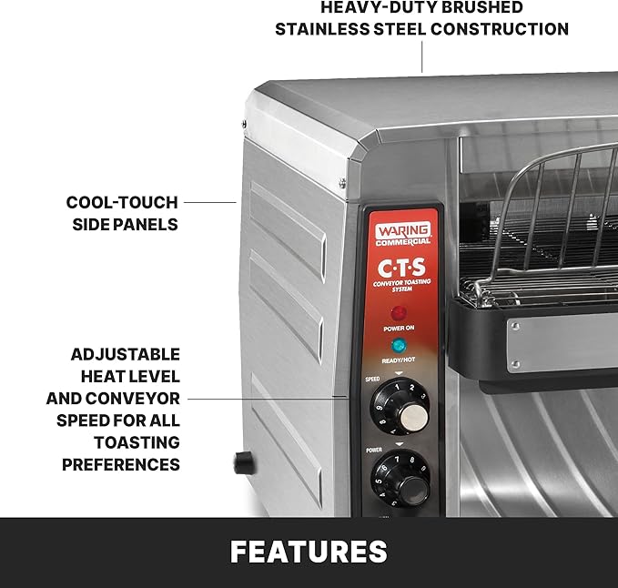 Waring Commercial CTS1000B Conveyer Toaster, 1000+ slices per hour, 208V, 2700W, 6-20 Phase Plug,Silver