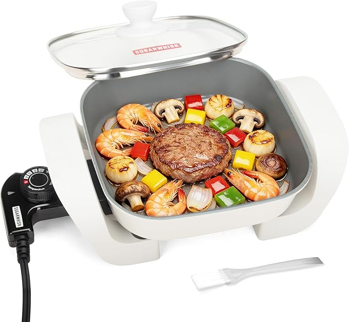 SugarWhisk 8-inch Ceramic Coated Electric Skillet with Lid, Non Stick Skillet Griddle Pan Electric, Rapid Heat Up, 650W, Breakfast Skillet, Kitchen Appliances for Cooking, White
