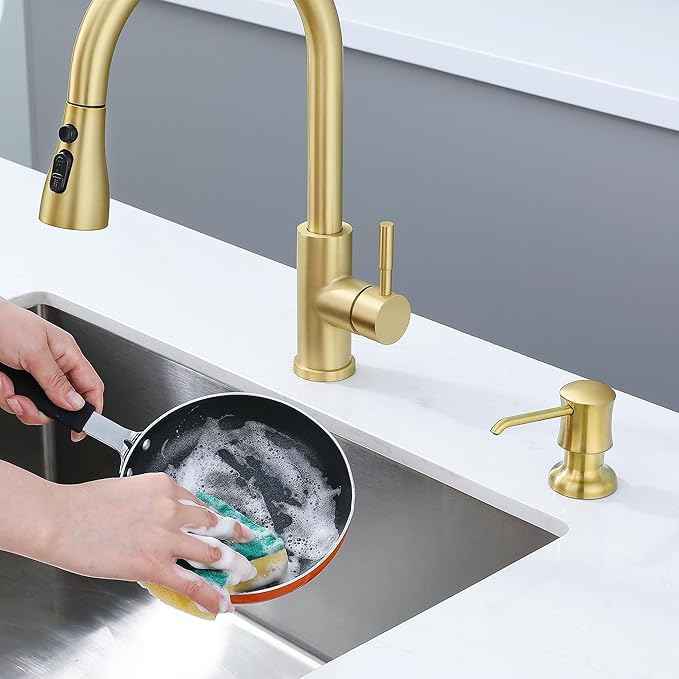 Sink Soap Dispenser for Kitchen Sink Brushed Gold Upgrade with 40" Silicone Extension Tube Kit, Connect to Your Soap Bottle Directly