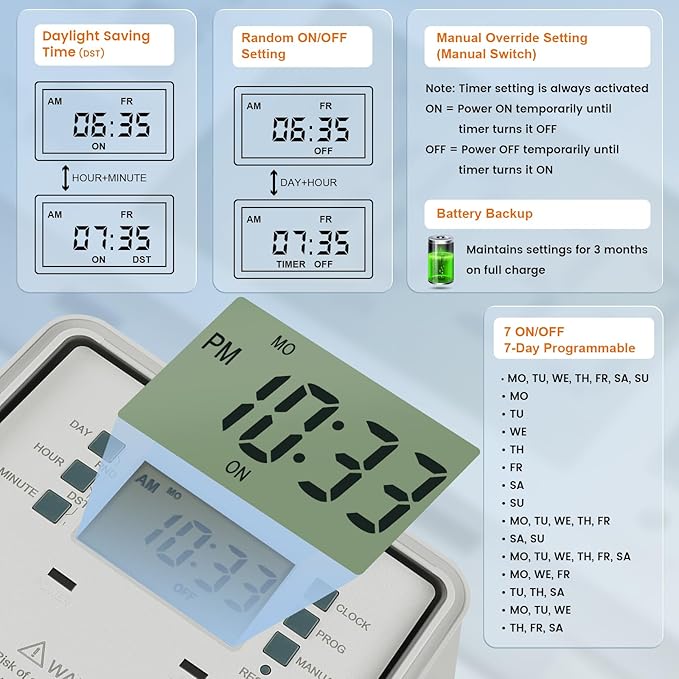 SURAIELEC Pool Timer, 7-Day Digital Pump Timer Switch, 40 AMP Heavy Duty, 120/240/277 VAC, 2HP Programmable Switch Box for Swimming Pool, Hot Water Heater, Lights, Outdoor/Indoor Use