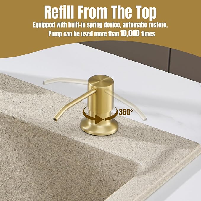 Built in Soap Dispenser for Kitchen Sink Countertop, Brushed Gold Stainless Steel Soap Dispenser Pump Head Refill from the Top with 11 Ounce Transparent Soap Bottle