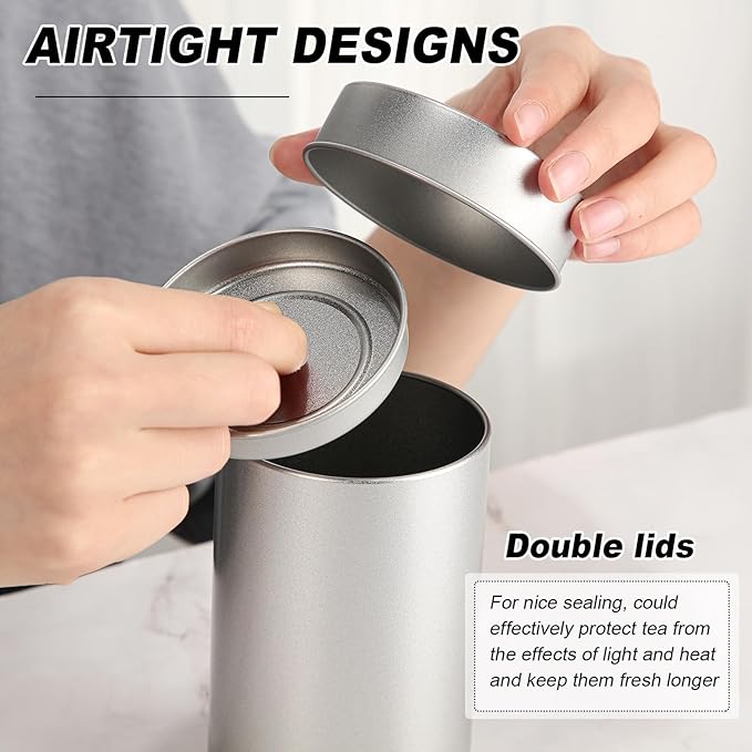 Zopeal 3 Pack Tea Tin Canister with Airtight Double Lids 12 oz Can Box Canister for Loose Leaf Tea Storage Bag Container Portable Small Kitchen for Coffee Sugar Pantry Camping, Silver