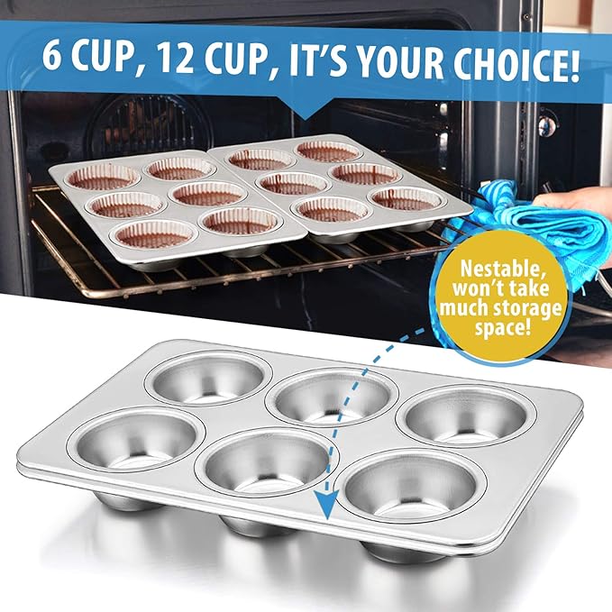 E-far Muffin Pan Set of 2, Stainless Steel Muffin Pan Tin for Baking, 6-Cup Metal Cupcake Pan Tray, Non-toxic & Healthy, Oven & Dishwasher Safe, Regular Size - 11.44 x 7.12 x 1.25 Inch