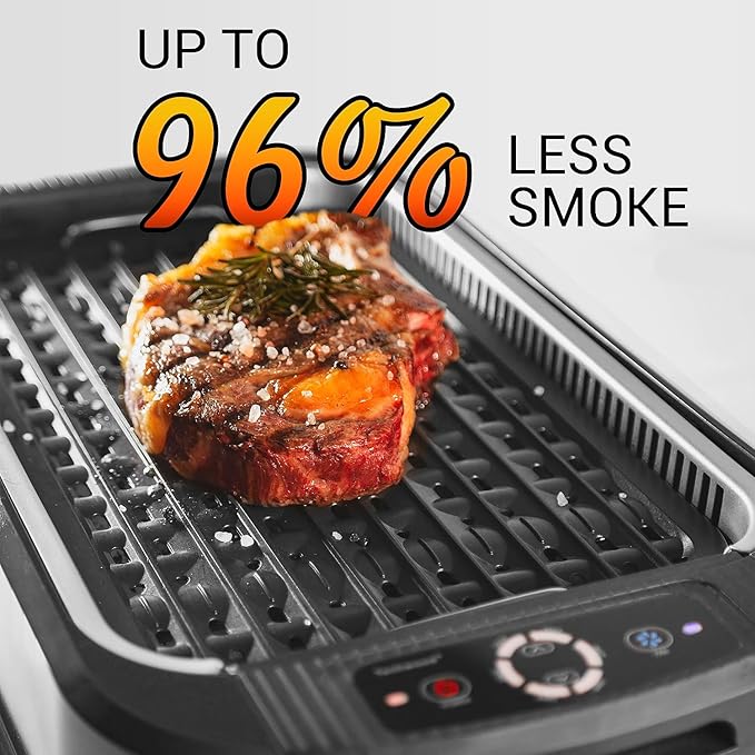 Indoor Smokeless Grill, Techwood 1500W Electric Indoor Grill with Tempered Glass Lid, Portable Non-stick BBQ Korean, Turbo Smoke Extractor Technology, Drip Tray& Double Removable Plate, Black