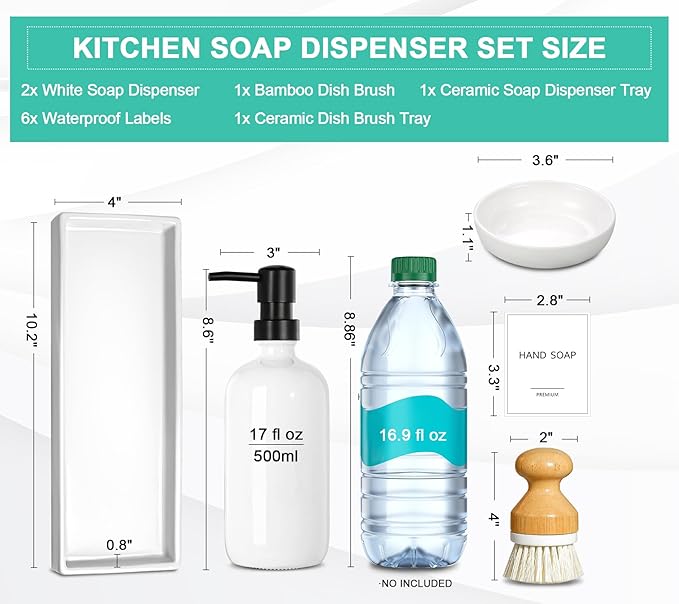 GMISUN Kitchen Soap Dispenser Set, 16 Oz Hand and Dish Soap Dispenser with Ceramic Tray & Bamboo Dish Brush, 2 Pack White Glass Liquid Pump Bottle, Modern Farmhouse Refillable Dish Soap Bottle