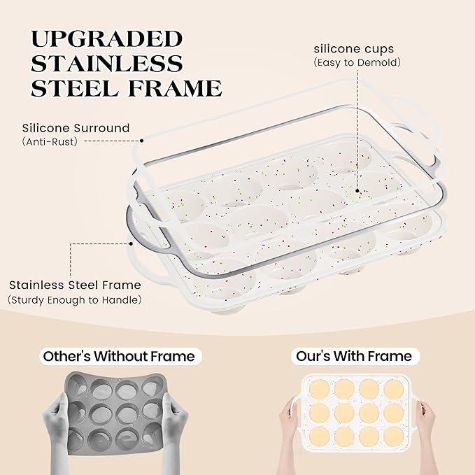 silicone muffin pan for baking with metal frame (Cream, Regular：12-Cup x 2 Pcs)