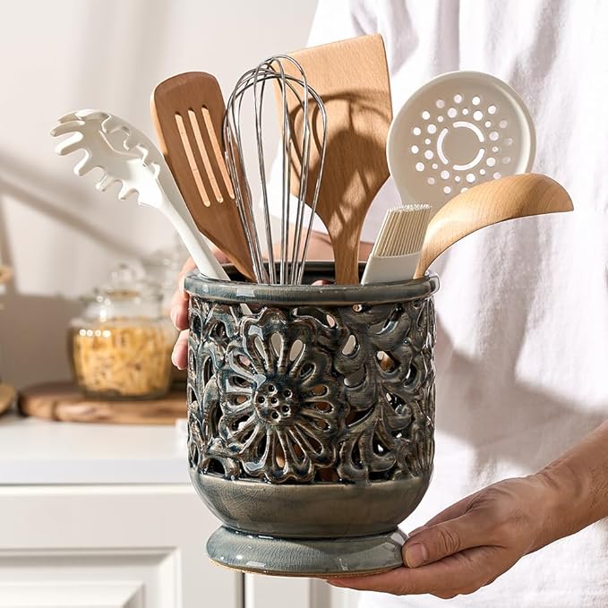 Farmhouse Kitchen Utensil Holder for Countertop, Ceramic Large Cooking Utensil Crock with Cork Mat, Decorative Rustic Utensil Holder for Kitchen Counter, Hollow Carving Flower, Gray