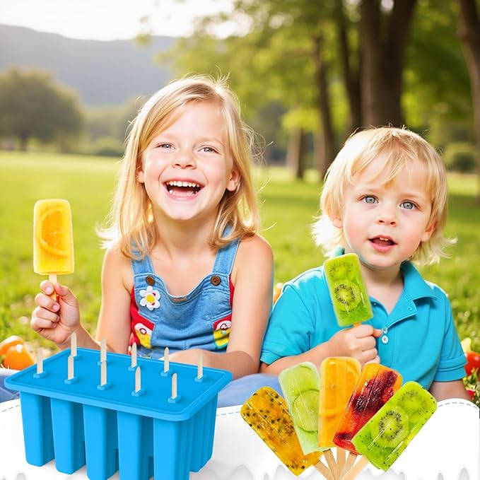 Miaowoof Homemade Popsicle Molds, 10-Cav Non-BPA Silicone Ice Pop Maker, with 50 Sticks, 50 Bags, 10 Reusable Sticks, Funnel, Brush and Ice Pop Recipe (Blue)