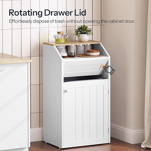 YATINEY Trash Cabinet, Freestanding Trash Can Cabinet, Wooden Recycling with Flip Door, 10 Gallon Hidden Kitchen Garbage Can for Kitchen, Living Room, White WB01WT