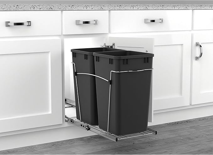 Rev-A-Shelf Pullout Trash Cans for Kitchen Cabinets 27 Qt Garbage Waste Recycling Bin with Full Extension Slides, Black, RV-15KD-18C S