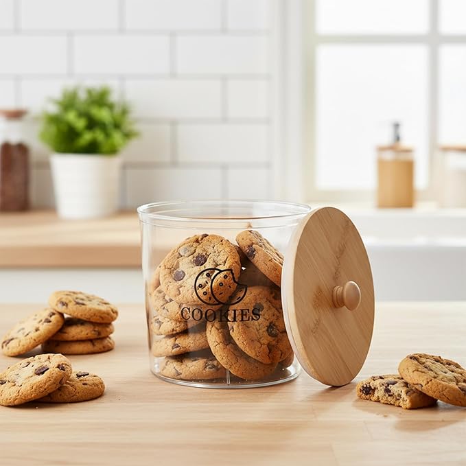 Cookie Jars with Wooden Lids Airtight, 2L Plastic Cookie Tin, Wide Mouth Candy Jar, Kitchen Counter Food Storage Container, Cute Jar for Gift Giving, BPA-Free, Round, Clear
