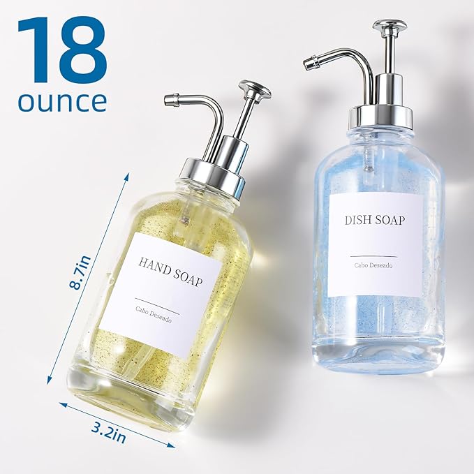 Glass Soap Dispenser with Pump, Dish and Hand Soap Dispenser for Kitchen Bathroom Set, Clear Glass Dispenser Set of 2 Pack with 18 Stickers Funnel Bamboo Tray 500ml 18oz / Each Bottle Sliver Pump