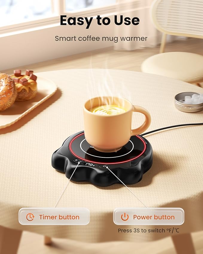 Gaiatop Mug Warmer, 50W Cute Cat Paw Cup Warmers, 3 Temp Settings, 2-10H Auto Shut Off, Coffee Accessories Keep Beverage Hot for Desk and Home, Heated Plate Stocking Stuffers for Tea Candle Black