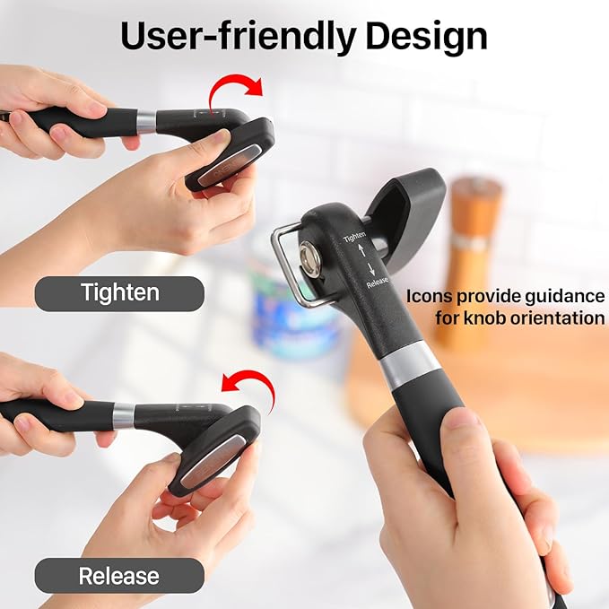 Can Opener, Safe Side Cut Manual Can Opener with Durable Sharp Blade, Smooth Edge Cutting, Effortless Big Knob, Comfortable Grip Handle, Black