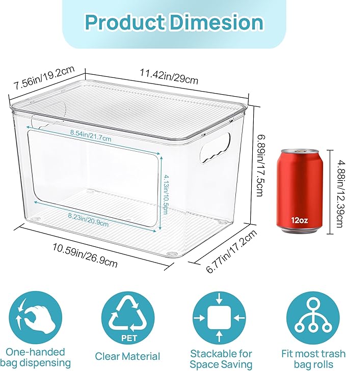 Vtopmart 1 Pack Trash Bag Holder, Stackable Garbage Bag Dispenser for 13/30/33 Gallon Bags, Onion and Potato Storage Bins for Kitchen, Clear Organizer Bins for Under Sink, Laundry Room