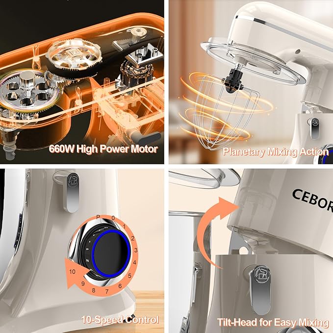 CEBORY 3-IN-1 Electric Stand Mixer, 6.5QT Bowl 660W 10-Speed Kitchen Mixer, Household Food Mixers include Dough Hook, Beater and Whisk, Bread Cake Mixer for Baking and Most Home Cooks, Almond Cream