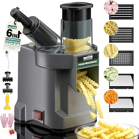 WantJoin 6-In-1 Electric Vegetable Chopper - Multifunctional Commercial Electric Food Dicer Processor For Slicing(2.5mm), Dicing(8/12mm), Chopping(2.5mm), Shredding, Crinkle Cutting, Oblique Cutting