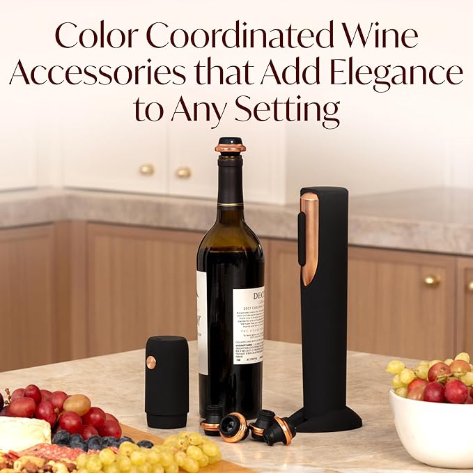 Electric Wine Opener Battery Operated and Electric Wine Preserver with Stoppers Gift Bundle Set (Black & Rose Gold)